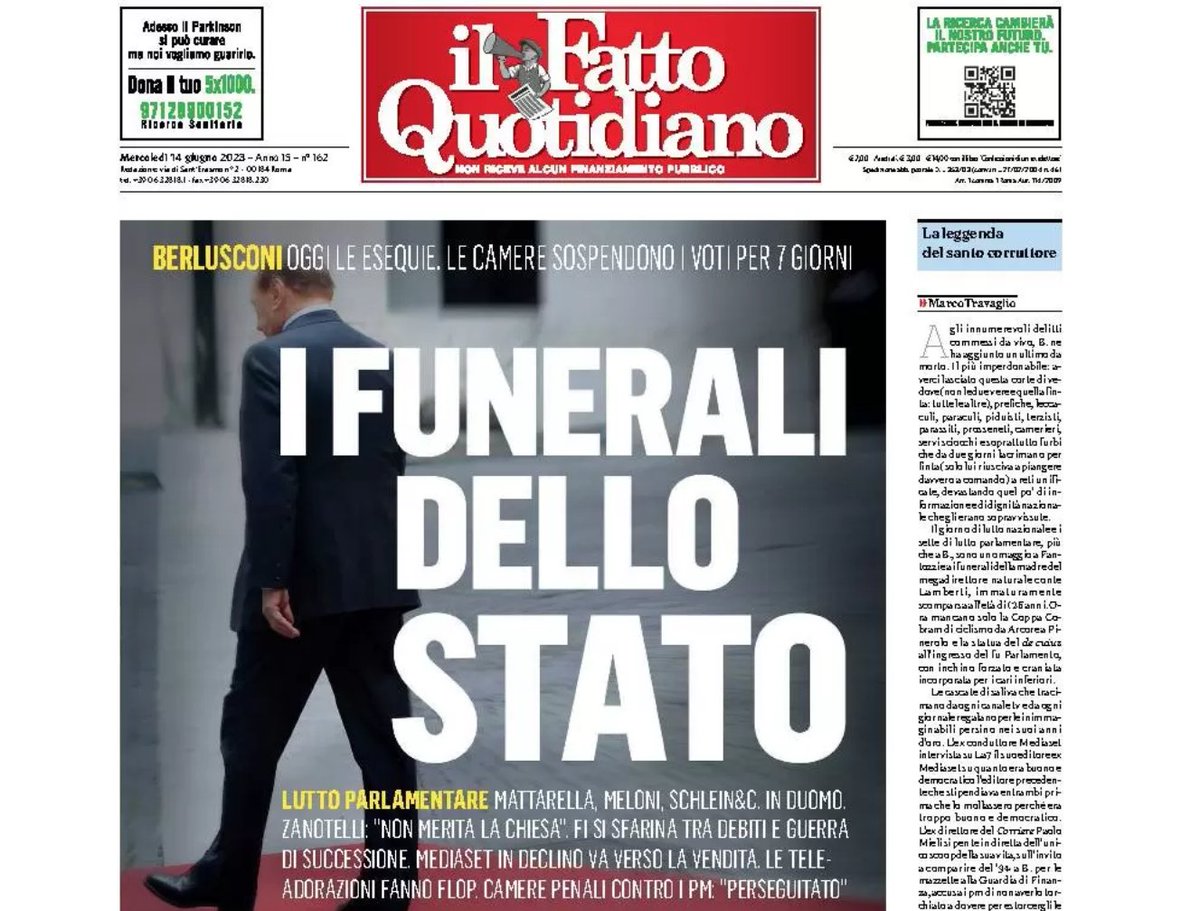 Ste_Mazzu's tweet image. Grande titolo
#FattoQuotidiano #14giugno2023
#Berlusconi #luttonazionale