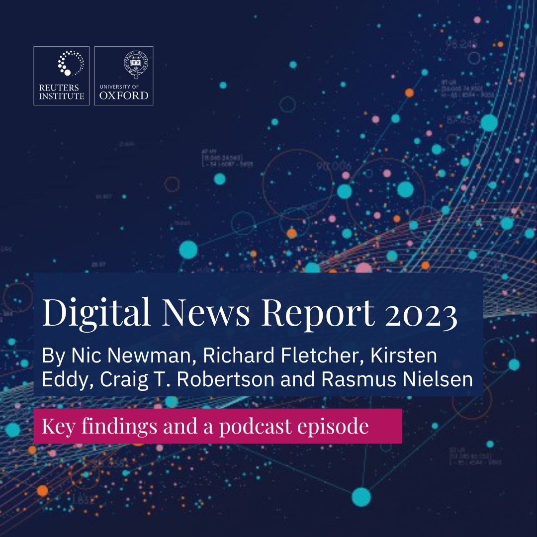 2023 Digital News Report out now. It takes a village of researchers and country partners to do, so proud of this team. We cover 46 markets, accounting for more than 1/2 of world's population. Full report reutersinstitute.politics.ox.ac.uk/digital-news-r… Follow #DNR23 And a few highlights in thread 1/9
