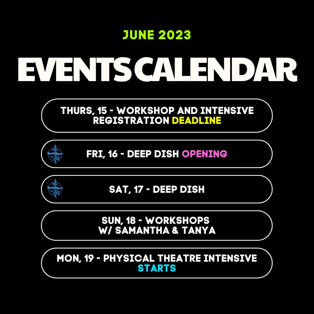 🔵 Deep Dish: Pizza With A Side Of Circus

🔴 Contortion technique for flexibility,
🟠 Hand-balancing 
🟡 Intermediate silks choreography 

🟢 Physical Theatre Intensive 

Workshops &amp; Intensive: greenfools.com/classes/adult-…
Tickets: eventbrite.ca/e/deep-dish-pi…