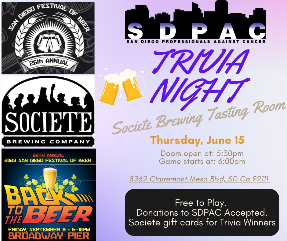 SD Festival of Beer (@sdbeerfest) on Twitter photo Who doesn’t love a little trivia…
Question: Who started the very first SD Beer Fest and is still the only 💯 volunteer-run beer festival in San Diego?
Answer: San Diego Professionals Against Cancer and the San Diego Festival of Beer!
Join us 6/15 at <a href="/societebrewing/">Societe Brewing</a> Who doesn’t love a little trivia…
Question: Who started the very first SD Beer Fest and is still the only 💯 volunteer-run beer festival in San Diego?
Answer: San Diego Professionals Against Cancer and the San Diego Festival of Beer!
Join us 6/15 at <a href="/societebrewing/">Societe Brewing</a>