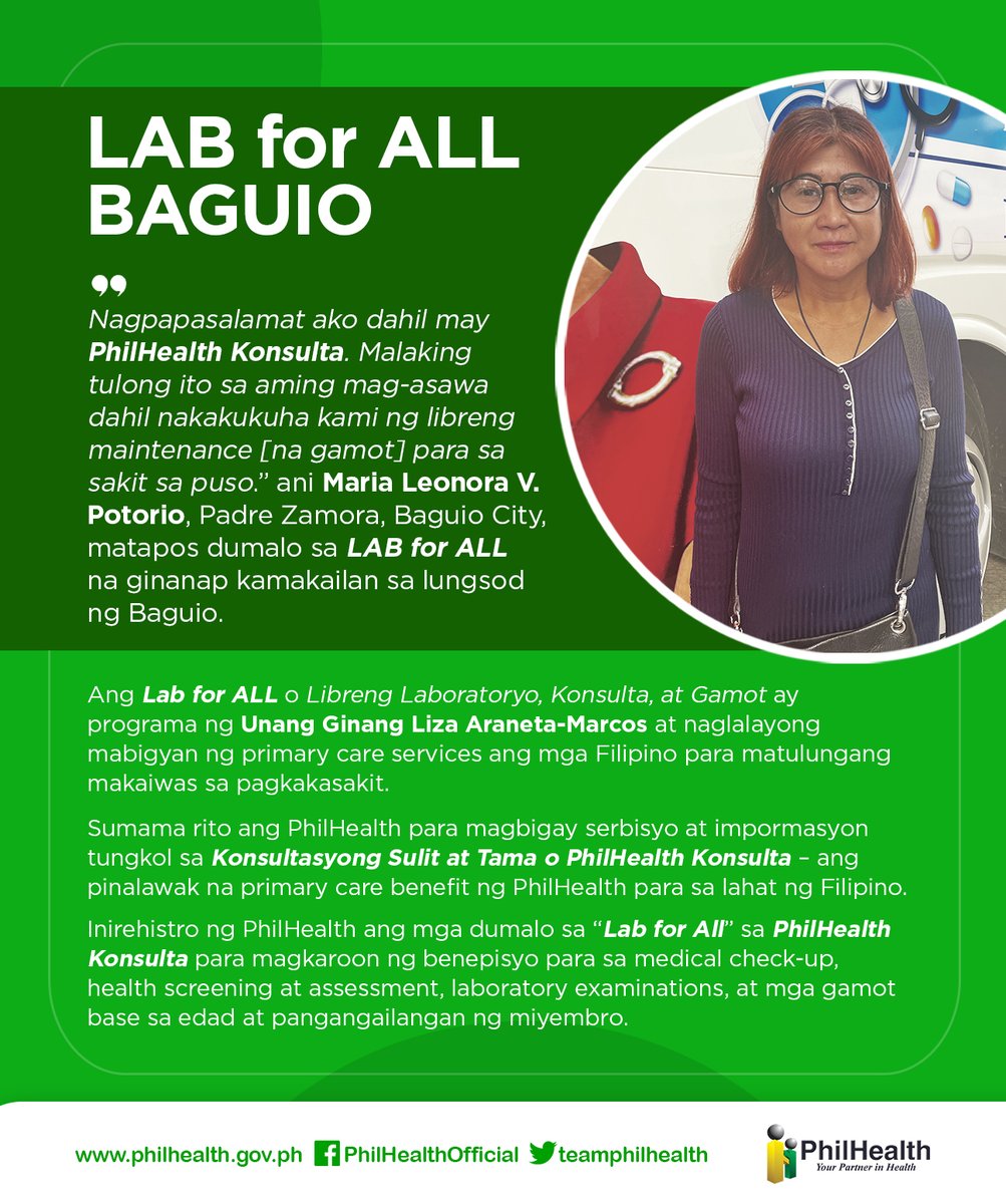 teamphilhealth's tweet image. Kami ay nagagalak na makatulong sa iyong gastusing medikal, Leonora!
Hangad ng programang "LAB for ALL" ni Unang Ginang Liza Araneta-Marcos ang bigyang proteksyon ang mga Filipino laban sa mga sakit. Abangan ito sa inyong lugar!
#LABforALL
#MyPhilHealth
philhealth.gov.ph