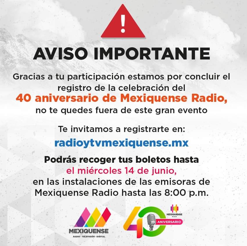 👁️ ¡Que no se te pase! Sólo tienes hasta el 14 de junio para recoger tus boletos.🎟️
@MexiquenseR
#40AñosAlAire
#ConéctateConLaRadio📻