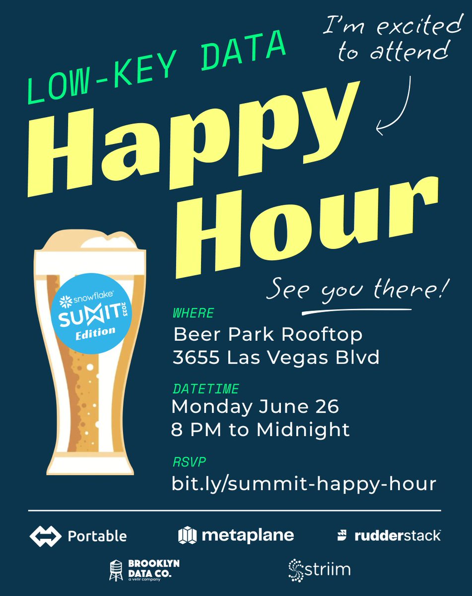 If you're heading to Vegas for the <a href="/Snowflake/">Snowflake</a> Summit, please join us for a low-key happy hour with <a href="/Portable/">Portable</a> on Monday 6/26. Striim's resident DJ <a href="/JohnSmith/">John Smith</a> will  keep you and your data peers dancing til midnight. RSVP for the event here: hubs.la/Q01TqCmN0