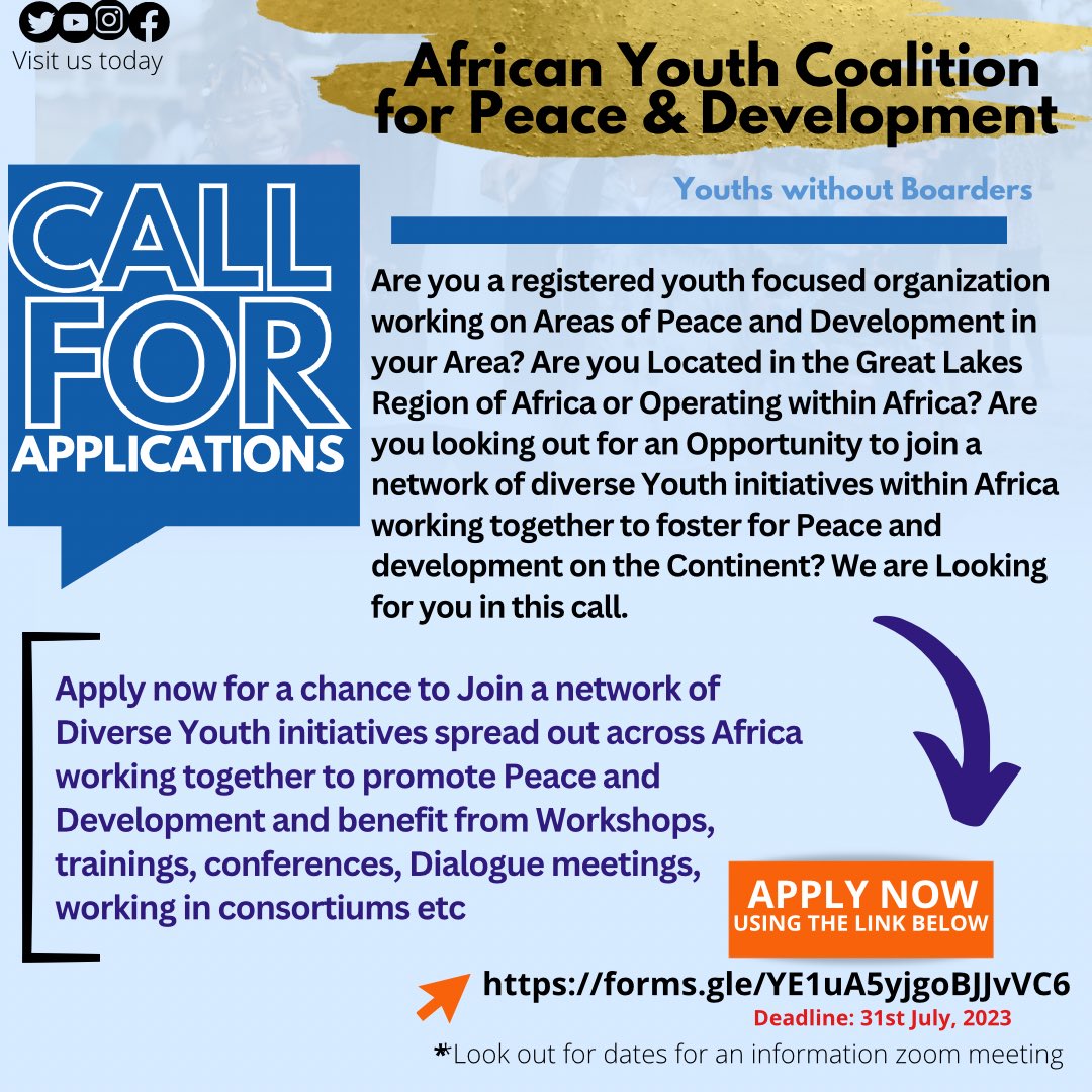 The African Youth Coalition is seeking Applications to Join their network of Passionate Youths working together to foster Peace and Dialogue in the Great Lakes Region and Africa at large. Apply today, Deadline 31st July, 2023. Apply here ➡️ forms.gle/YE1uA5yjgoBJJv…