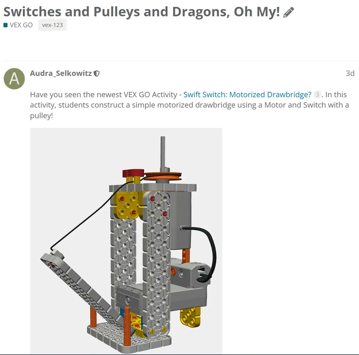 nic_champagne's tweet image. 🔔 Fresh content alert! Unite with @AudraSelkowitz at VEX PLC for new VEX GO activities you can use in your classroom. Engage in a global conversation by contributing your perspectives, inquiries, and knowledge. Together, we can achieve more! #VEXPLC #Collaborate #STEMLabs #VEXPD