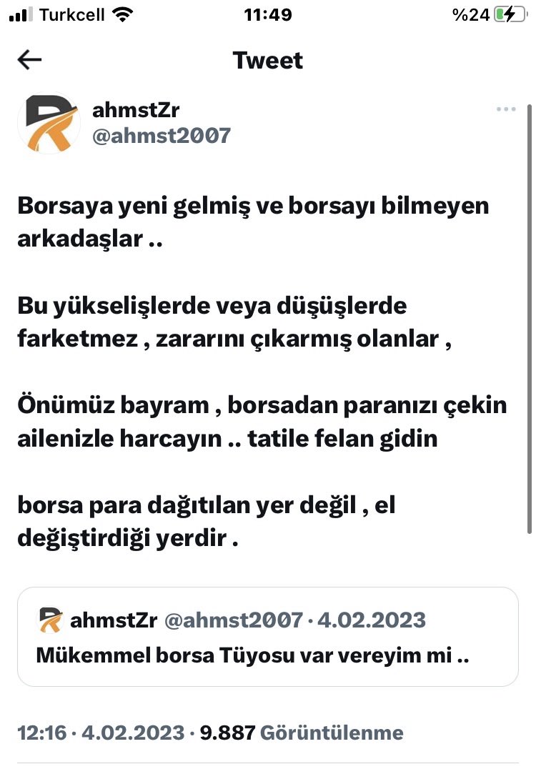 Bu yükseliş dalgasında zararını çıkarmış borsayı bilmeyen yeni gelmiş arkadaşlar ( eskiler de olabilir ) 

Önümüz bayram , yaz tatili , paranızı çekin , ailenizle köyünüzde veya deniz kenarında yiyin .. ömrünüzü heder etmeyin ,  hasta olursunuz 😎