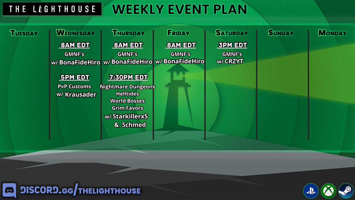 Weekly Event Plan:

Join the Lighthouse Discord and participate in PvP/PvE Destiny 2 events and End Game Diablo IV activities

*link in bio*
