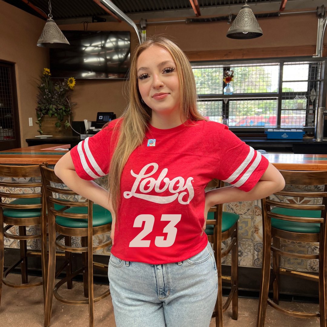 You sure would look cool eating a Stuffed Sopaipilla at Sadie’s in one of these! Only a couple days left to pre-order your New Mexico Lobos T Shirt Jerseys! Support your favorite @UNMLoboWSoccer or @UNMLoboFB players! sadiessalsa.com/product-catego… #nil