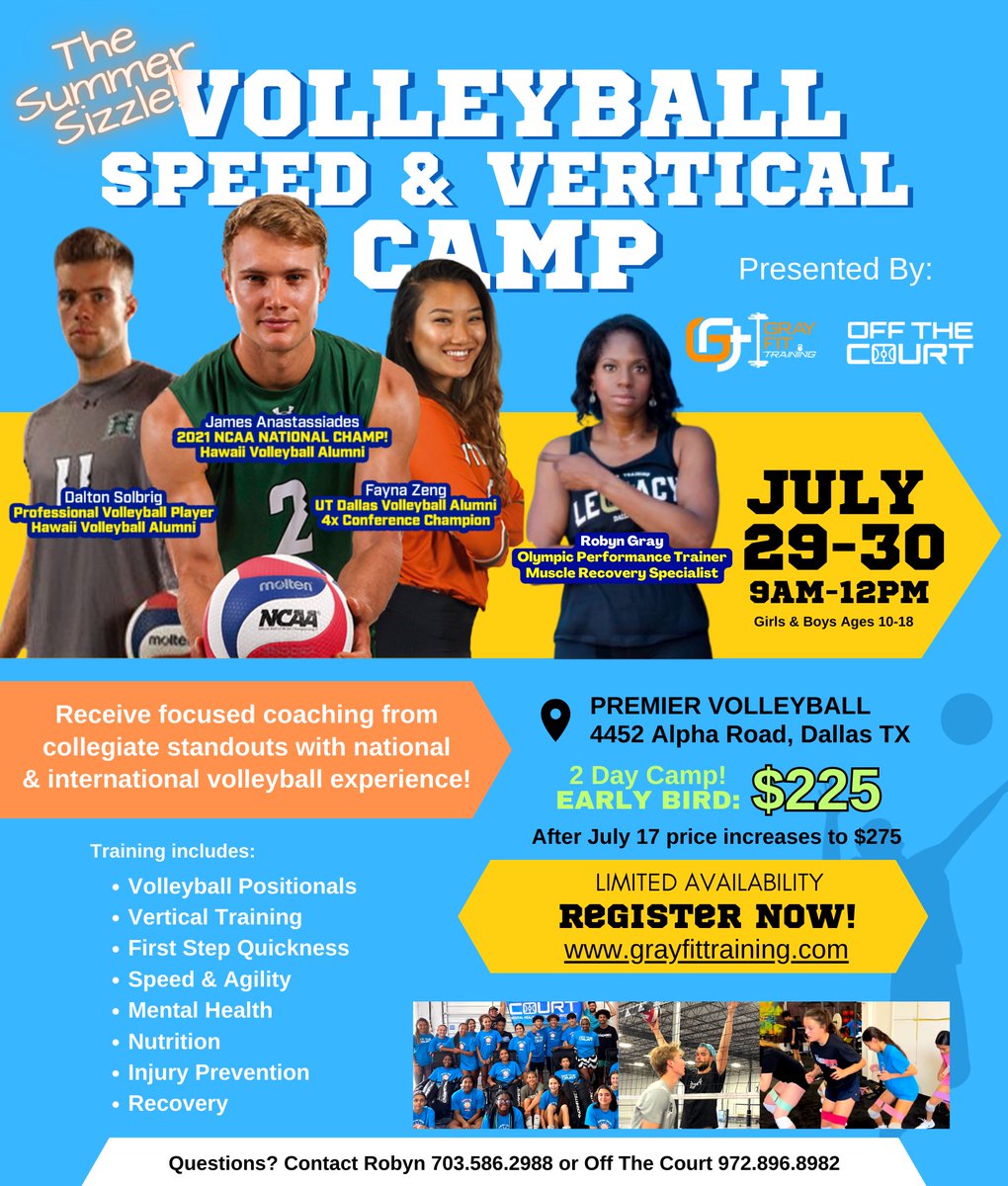 Off The Court & Gray Fit brings you The Summer Sizzle II June 29-30th 9am-12pm
REGISTER NOW!  

#OffTheCourt #GrayFittraining #ProVolleyball #Vertical #MentalHealth #NTR #DallasVolleyball #Nutrition