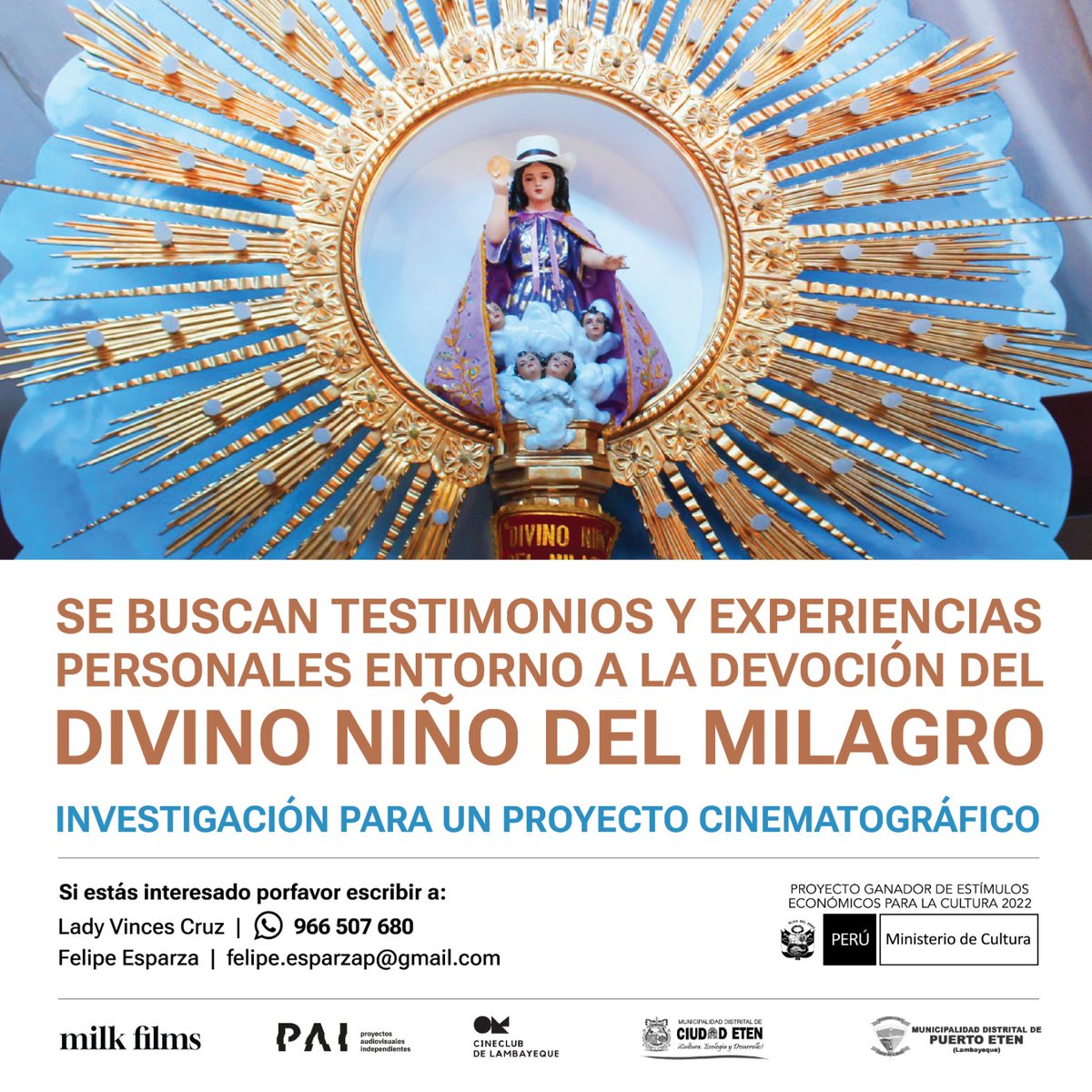 Cineclub_lamb's tweet image. #proyectodesarrollo 
Estamos iniciando un proyecto de desarrollo de largometraje, y nos encontramos  en el proceso de investigación. Por ello buscamos testimonios y experiencias personales en torno a la devoción del Divino Niño del Milagro.
📷informes:
Lady Vinces Cruz 966507680