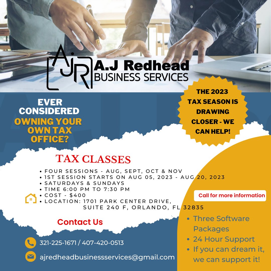 AnthonyRedhead1's tweet photo. Are you Looking to become a tax preparer or own a tax company?  Join our training classes. The first session begins Saturday, August 05,  2023, at 6:00 PM. Signup at the link below or call us.  
#taxtraining #support #beprepared 
https://t.co/LoPkdX8gZC https://t.co/tgnron5YR5