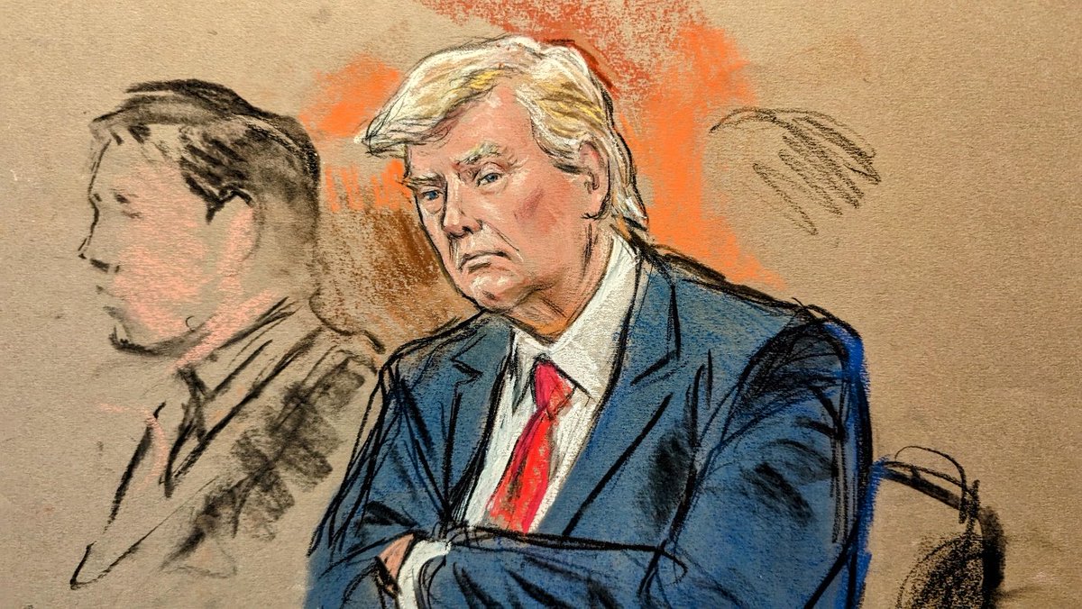 Acosta's tweet photo. Trump in federal court today via sketch artist Bill Hennessy. https://t.co/uk2f1i6c9q
