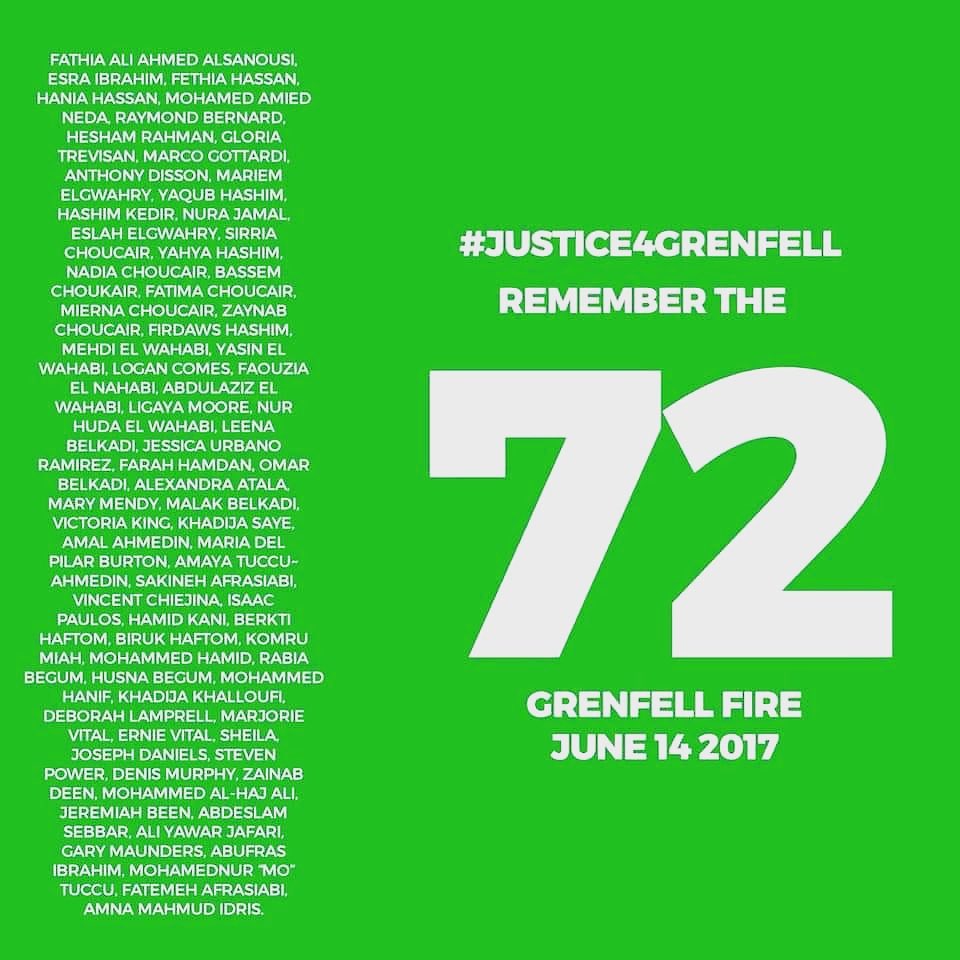 Justice4Grenfell (@officialj4g) on Twitter photo 72 lives needlessly lost. 72 months ago 
Still waiting for justice. Forever in our hearts. 
REMEMBER THEM. 💚 72 lives needlessly lost. 72 months ago 
Still waiting for justice. Forever in our hearts. 
REMEMBER THEM. 💚