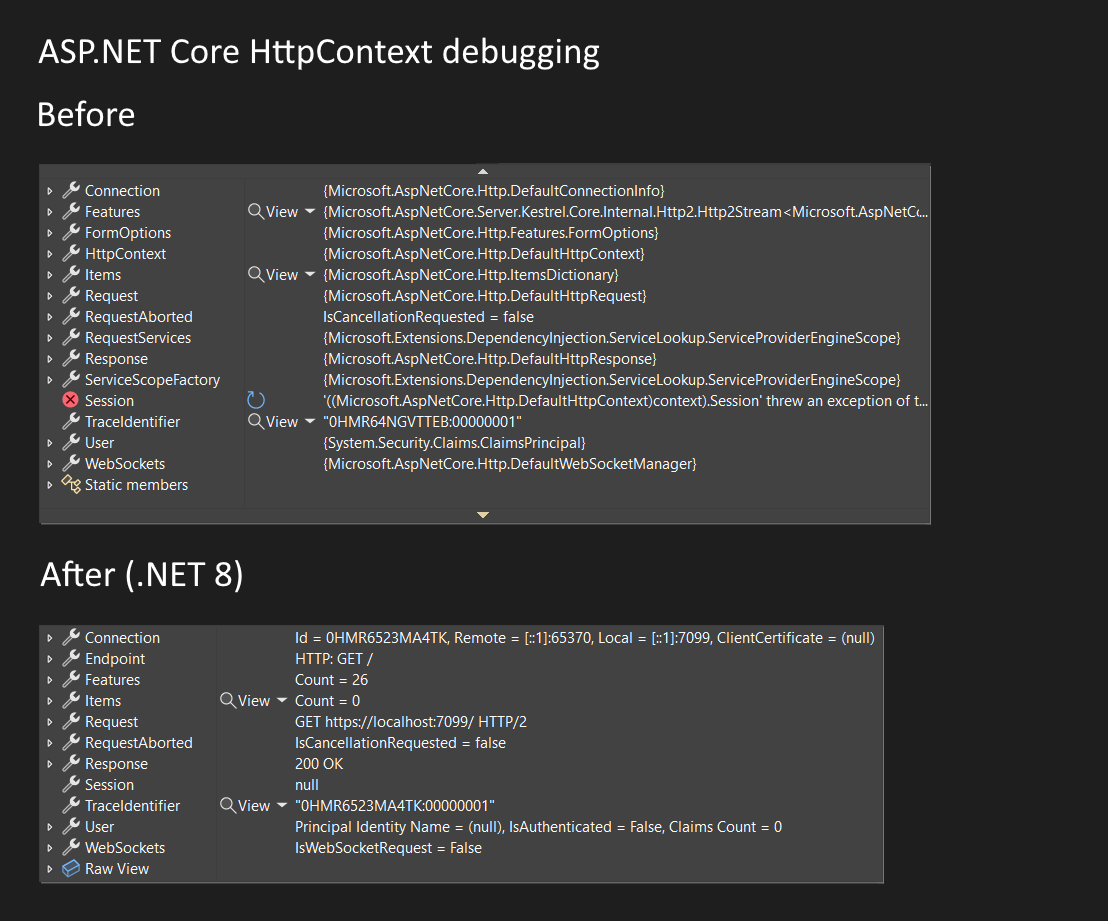 JamesNK's tweet photo. Debugging https://t.co/vykcBhgNKZ Core apps is easier in .NET 8. We've added debug visualizers for commonly used types: HttpContext, HttpRequest, HttpResponse, etc.

Check it out in the latest .NET 8 preview 🚀

https://t.co/B5Nt1ov5Px https://t.co/ocQ1Ng1hV7
