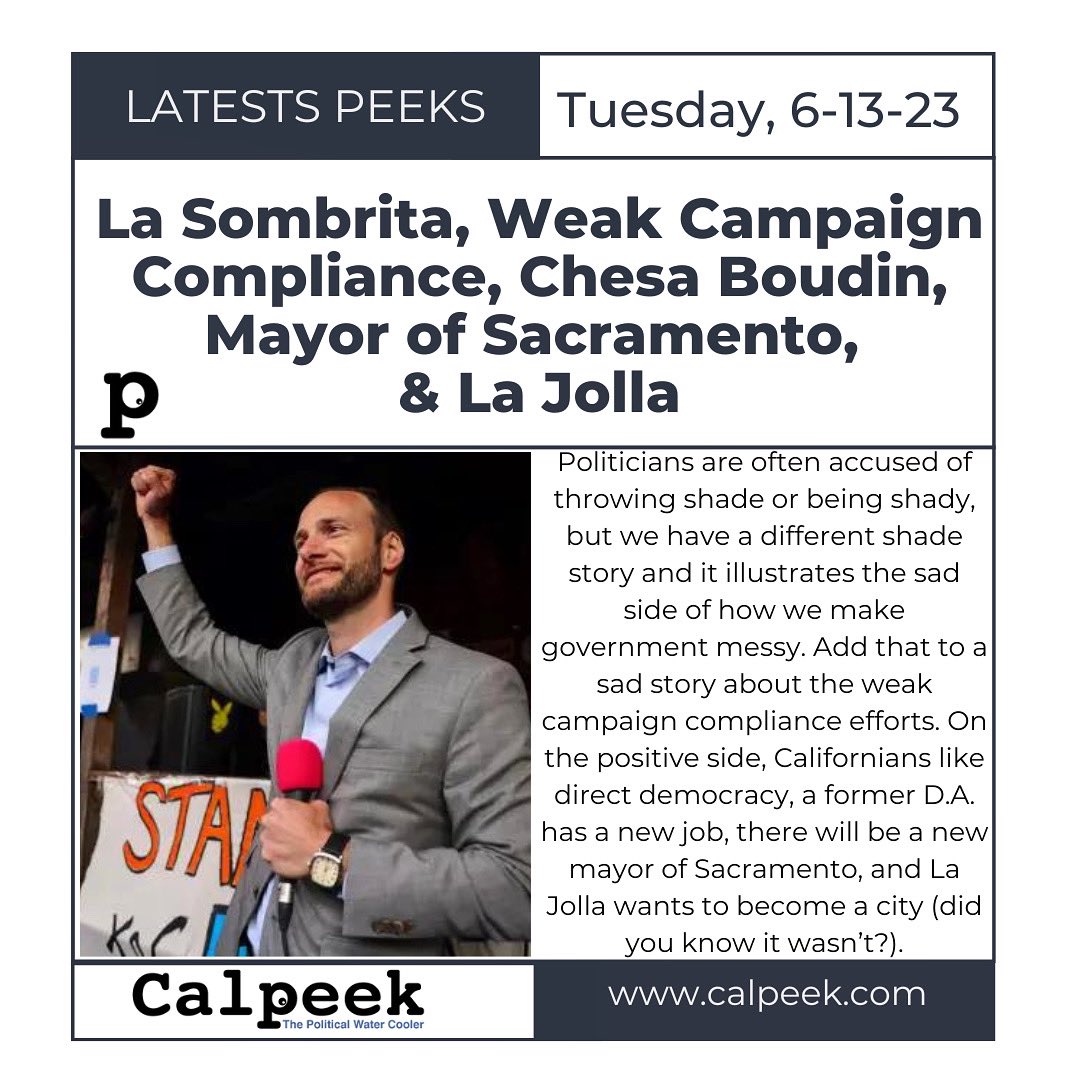 🔗 Read all the latest peeks 👀  in our bio.  

#CityofLA #LAMetro #FPPC #DarrelSteinberg #Sacramento #ChesaBoudin #SF #LaJolla #SanDiego #PPIC #CalMatters
#calpeek #thepoliticalwatercooler #latestspeeks  #politicalgossip #politics #CApolitics #californianews