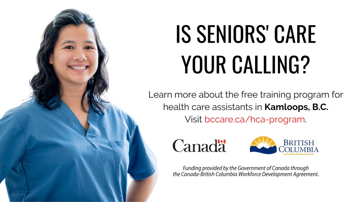 BCCareProviders's tweet photo. BCCPA and @StenbergCollege are offering a free Health Care Assistant (HCA) training program for people living in Kamloops. This 36-week Diploma program includes classroom theory, lab skills and practice education. 

Don't delay and apply now before it's too late!

#Kamloops https://t.co/rDfizTQ5Lw