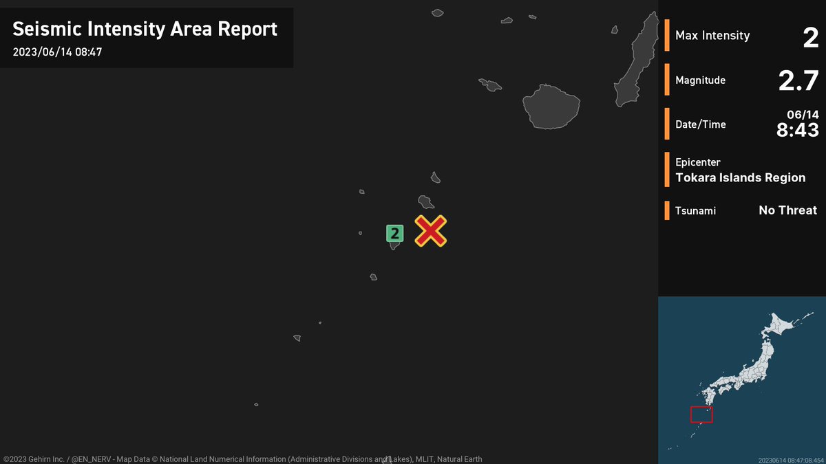 Earthquake Detailed Report – 6/14
At around 8:43am, an earthquake with a magnitude of 2.7 occurred near the Tokara Islands at a depth of 10km. The maximum intensity was 2. There is no threat of a tsunami. #earthquake https://t.co/q557ljMJSY