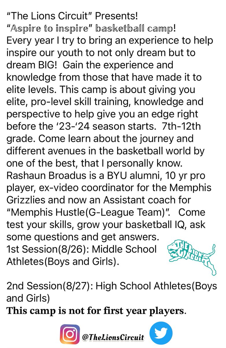 TheLionsCircuit's tweet photo. A limited number of signees(per session) will receive a gift 🎁 from the @NBA @memgrizz organization!  Keep following to stay updated.. let’s go!! 🦁
@MemphisHustle #TheLionsCircuit #SkillsCamp #BasketballIQ #Perspective #OklahomaProspects https://t.co/mHVF4gt95T