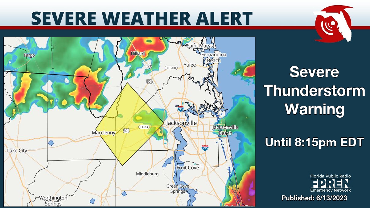 Severe Thunderstorm Warning for Baker, Clay, Duval and Nassau County until 8:15pm EDT. Details on the Florida Storms app. #flwx https://t.co/6H57mTWD9f