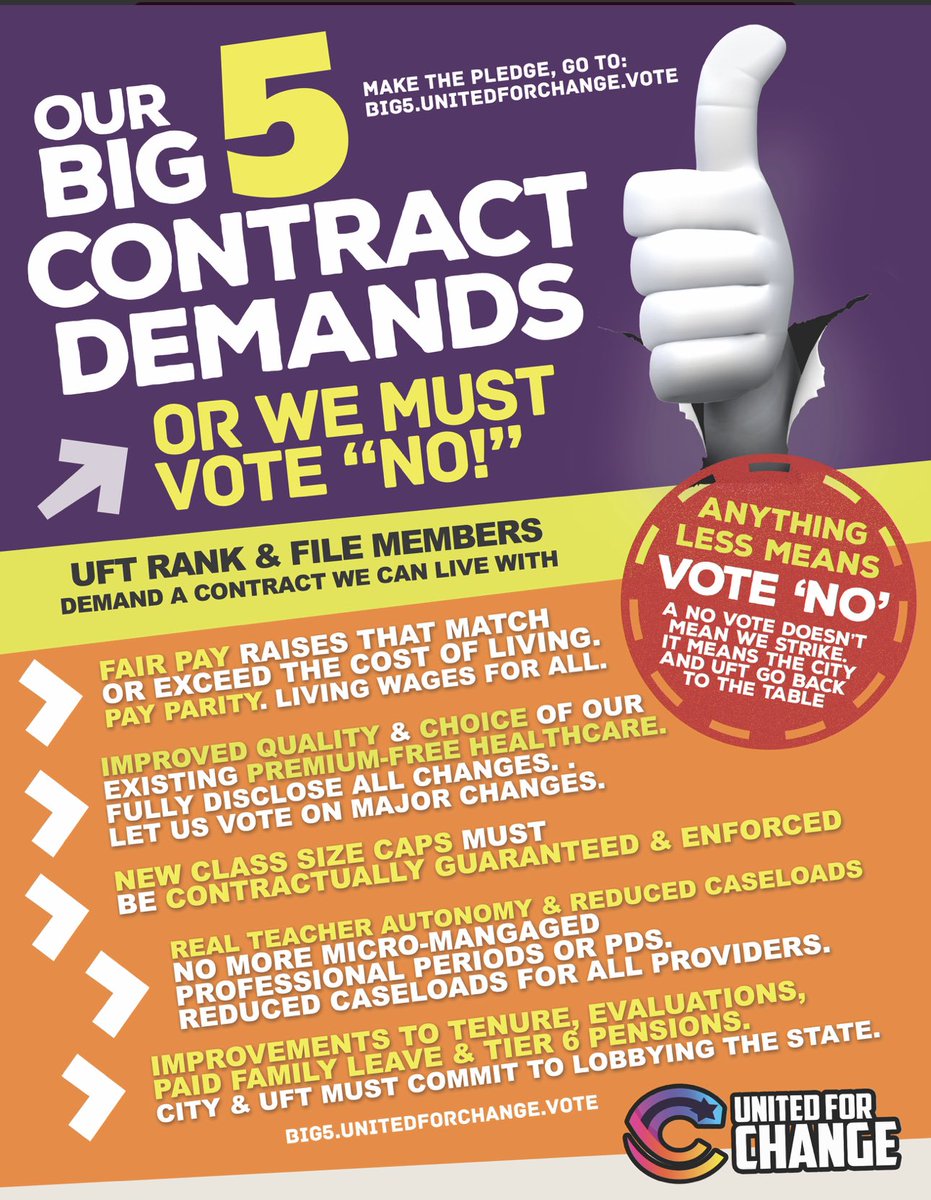 UFT members need to read the MOA which is yet to be released in regards to the tentative contract &evaluate teachers 5 Demands!If the MOA does not have contractual language on ALL 5 demands! UFT members need to VOTE NO And BACK TO NEGOTIATE TABLE! We should NOT settle for LESS!