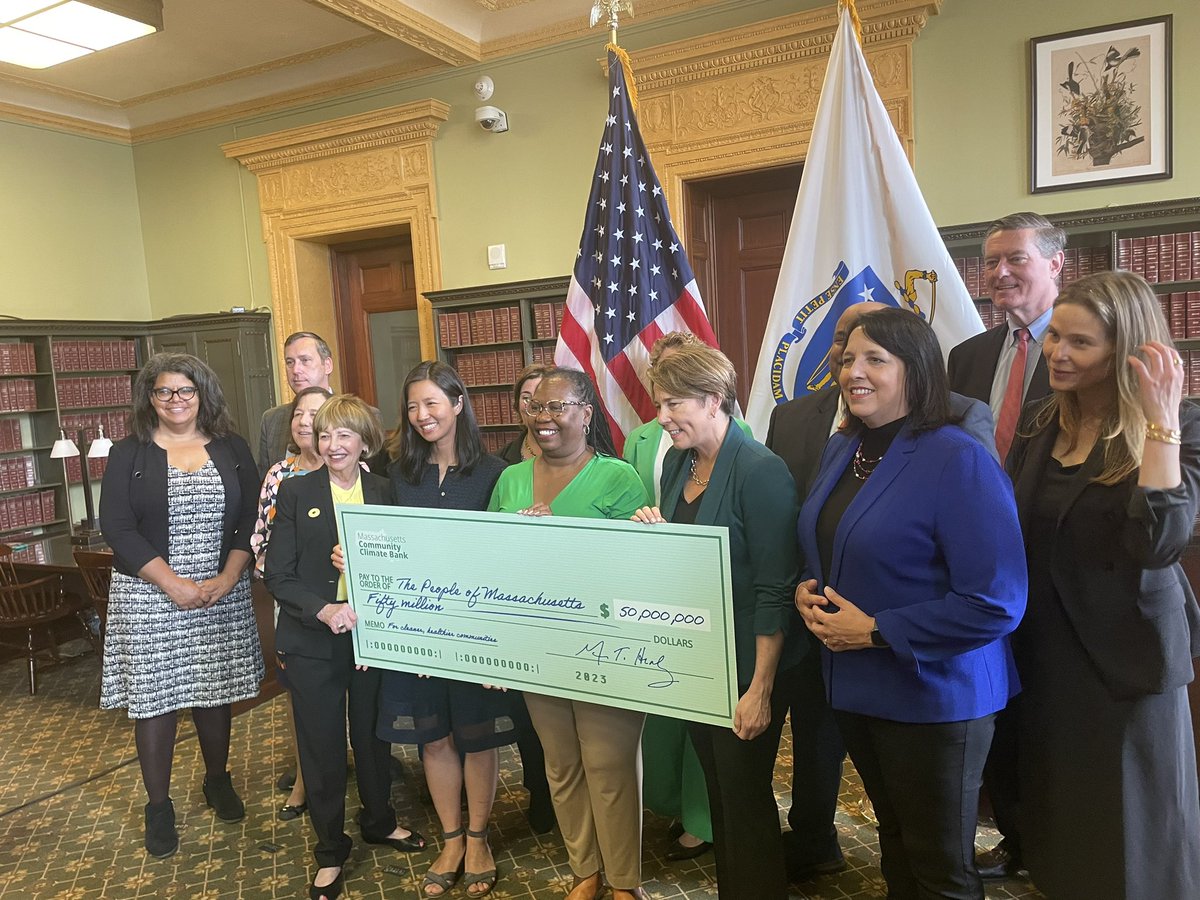 A huge THANK YOU to <a href="/MassGovernor/">Governor Maura Healey</a> Maura Healey and her climate, housing and economic development leaders for today launching the Mass Community Climate Bank and funding it with $50,000,000! <a href="/BosGreenRibbon/">Boston Green Ribbon Commission</a> is honored to support you!