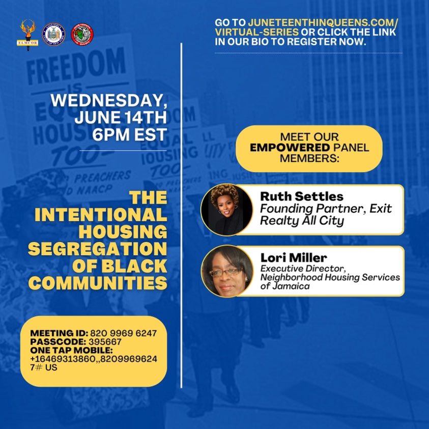 Elmcor's tweet image. Join us tomorrow! THE INTENTIONAL HOUSING SEGREGATION OF BLACK COMMUNITIES - Pre-Juneteenth Virtual Series Events. You don’t want to miss it! #Junetheenth #JIQ #Junetheenthinqueens #Elmcor