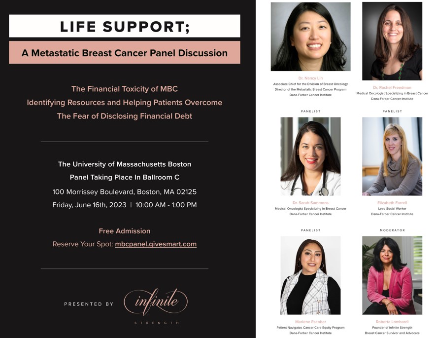 Join @InfiniteMBC this Friday for a free in-person #MetastaticBreastCancer discussion on the financial toxicity of #MBC. The @DanaFarber panel will share helpful resources and strategies for overcoming the fear of #FinancialToxicity. 
👉6/16, 10am-1pm
💻e.givesmart.com/events/x20/