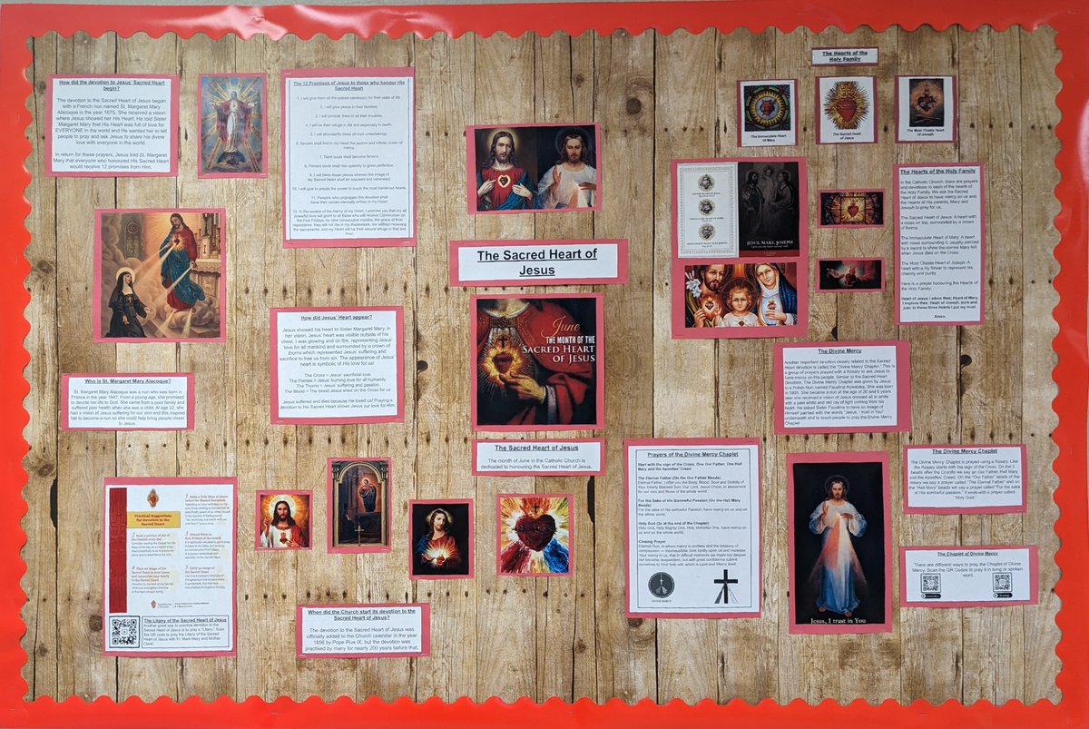 MrPisani20's tweet photo. Celebrating and honouring the Sacred Heart of Jesus this month @SMCDSB_SJV  with a new bulletin board display! Our Rosary club will continue this Thursday and pray for your special intentions while learning about Jesus' Sacred Heart! https://t.co/souzathj0b