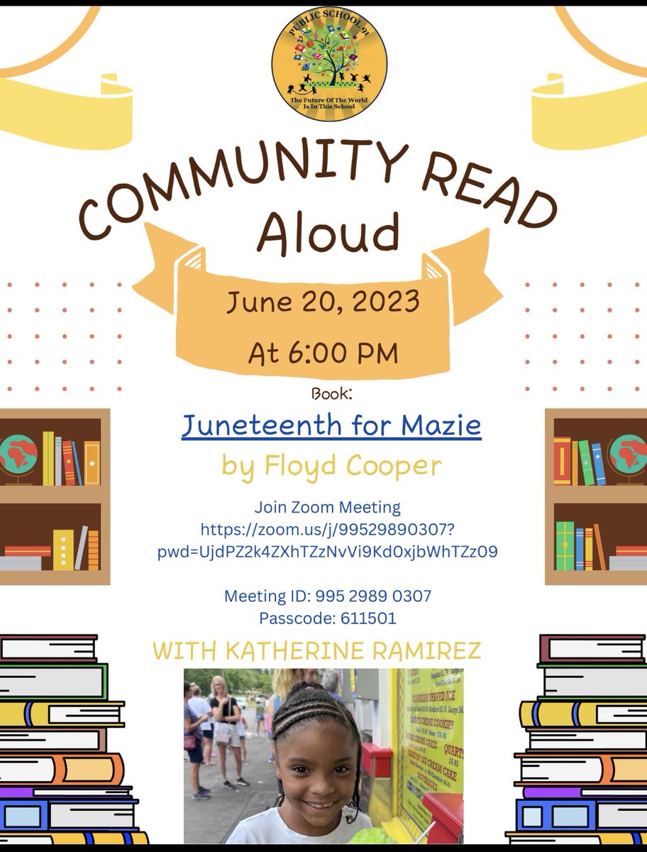 bronx_91's tweet photo. Save the date for our final  Community Read Aloud “Juneteenth for Mazie” before summer!!!#ROARINGforexcellence #ilovemyschool #bronxbeautiful https://t.co/dwe3O7Dijl