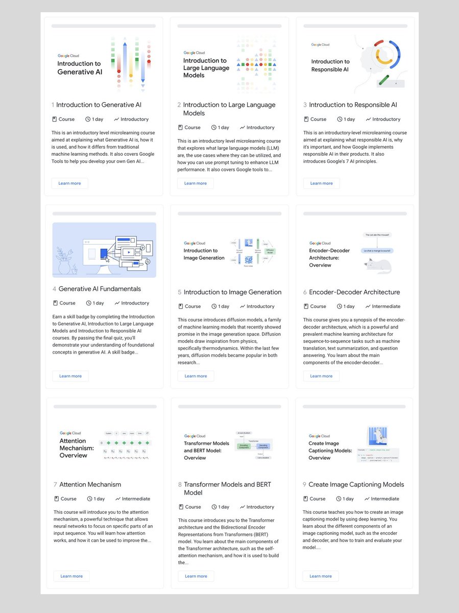 FinanceYF5's tweet photo. Google刚刚发布了这10个免费的新短期课程，使学习人工智能比以往任何时候都更容易🔥

🤖 生成性AI入门 
🤖 大型语言模型入门 
🤖 Responsible AI入门

以及更多

在这里访问所有的课程：
https://t.co/Mr3kZbsfG5 https://t.co/5hF3SesQhL