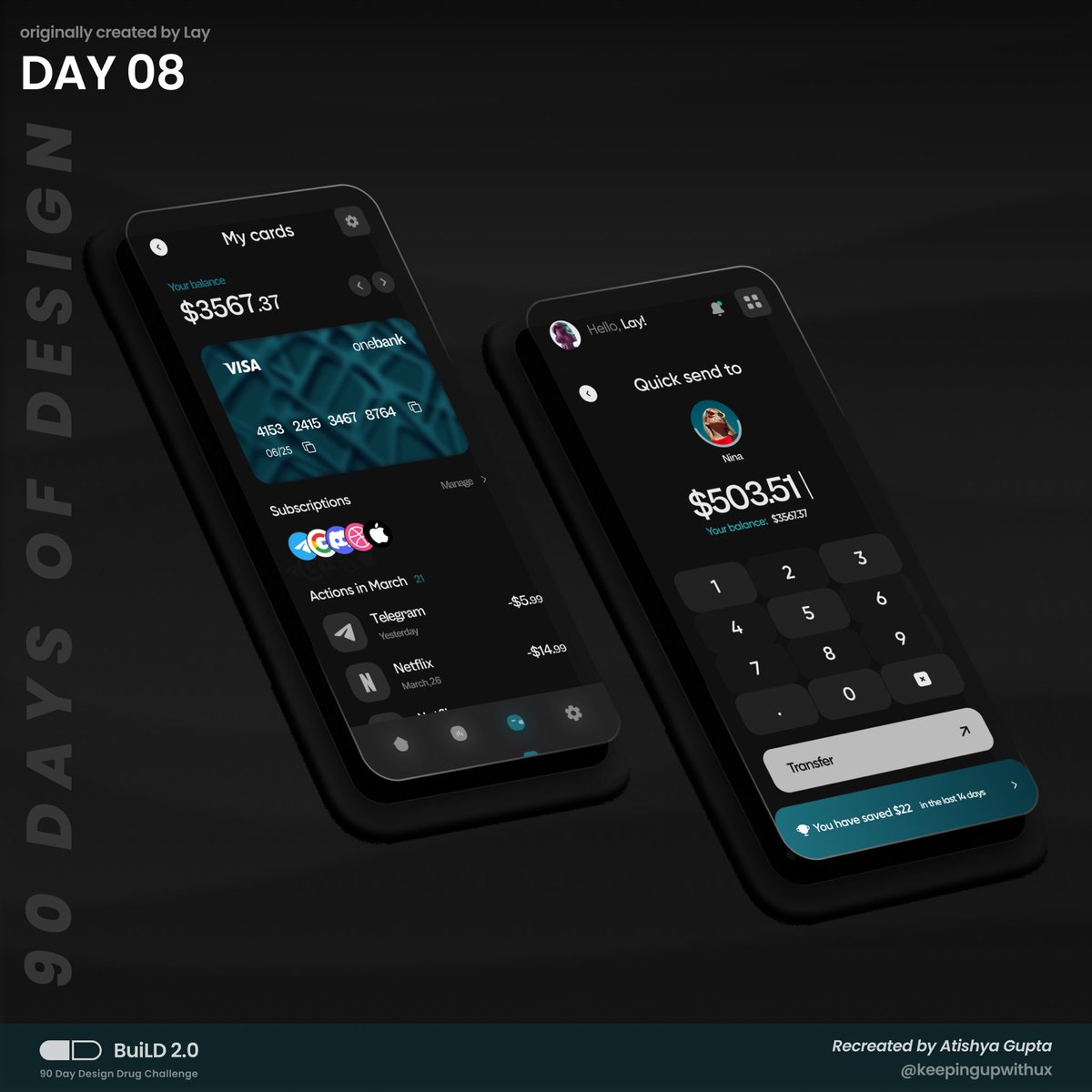KeepingUpWithUX's tweet photo. Day 09  /  BuiLD 2.0

Prompt: Recreate Banking App by Lay

Source: https://t.co/kGIPsNOmiC

#watchmegrow #BuiLD #designdrug https://t.co/wSf9Hln2Vb