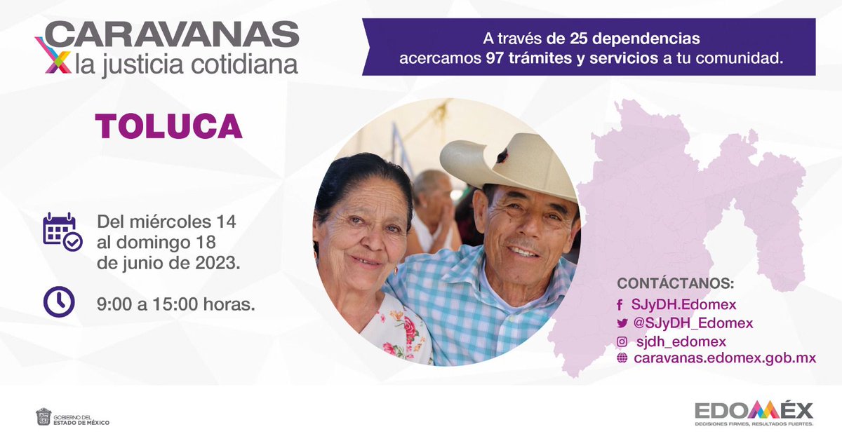 La @SJyDH_Edomex acerca las #CaravanasXLaJusticia al municipio de #Toluca.

Del 14 al 18 de junio de 09:00 a 15:00 horas podrás acceder a más de 90 trámites y servicios en su mayoría gratuitos.

Ingresa a la siguiente liga para conocer más: caravanas.edomex.gob.mx