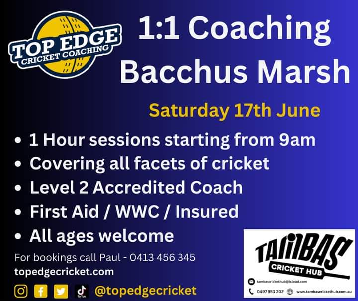 What a fantastic response we've had to our upcoming day of coaching in Bacchus Marsh this Saturday. 
Only two available spots.
Shoot us a DM to book.
#bacchusmarsh #cricket #cricketcoaching #crickettraining #topedgecricket #countrycricket #cricketvictoria #cricketlovers