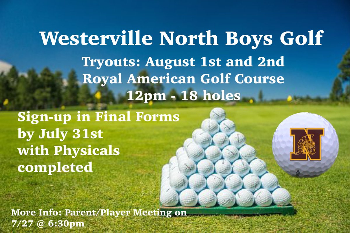 For those interested in playing golf at North in the Fall. Mark your calendars for player/parent meeting on 7/27 and Tryouts on 8/1 and 8/2.
