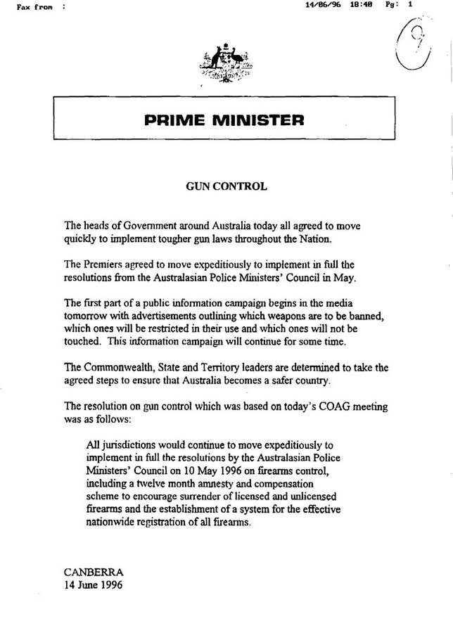 June 14, 1996: Prime Minister John Howard announced a Council Of Australian Governments plan for gun control, after the Port Arthur massacre [PM Transcripts]