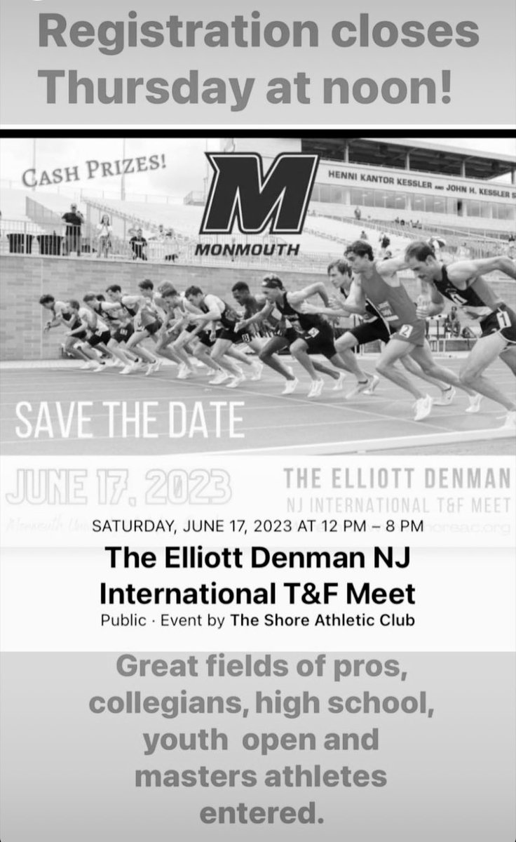 Registration CLOSES Thursday morning if you haven’t entered yet! Pros from across the country will compete for $8K in prize money. Great opportunities for youth, open & masters athletes as well. Spectators are free @monmouthu on Saturday. #elliottdenman #trackandfield #prizemoney