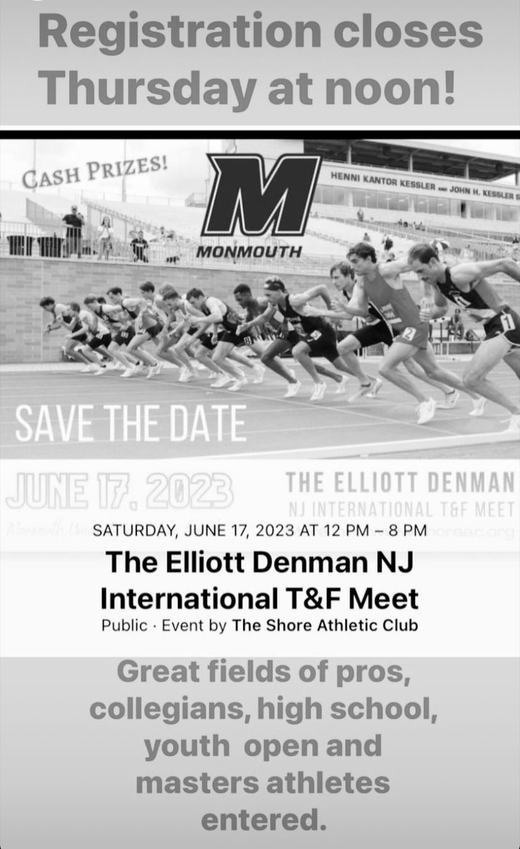 TheShoreAC's tweet photo. Registration CLOSES Thursday morning if you haven’t entered yet! Pros from across the country will compete for $8K in prize money. Great opportunities for youth, open &amp; masters athletes as well. Spectators are free @monmouthu on Saturday. #elliottdenman #trackandfield #prizemoney https://t.co/PPyMofE2V9