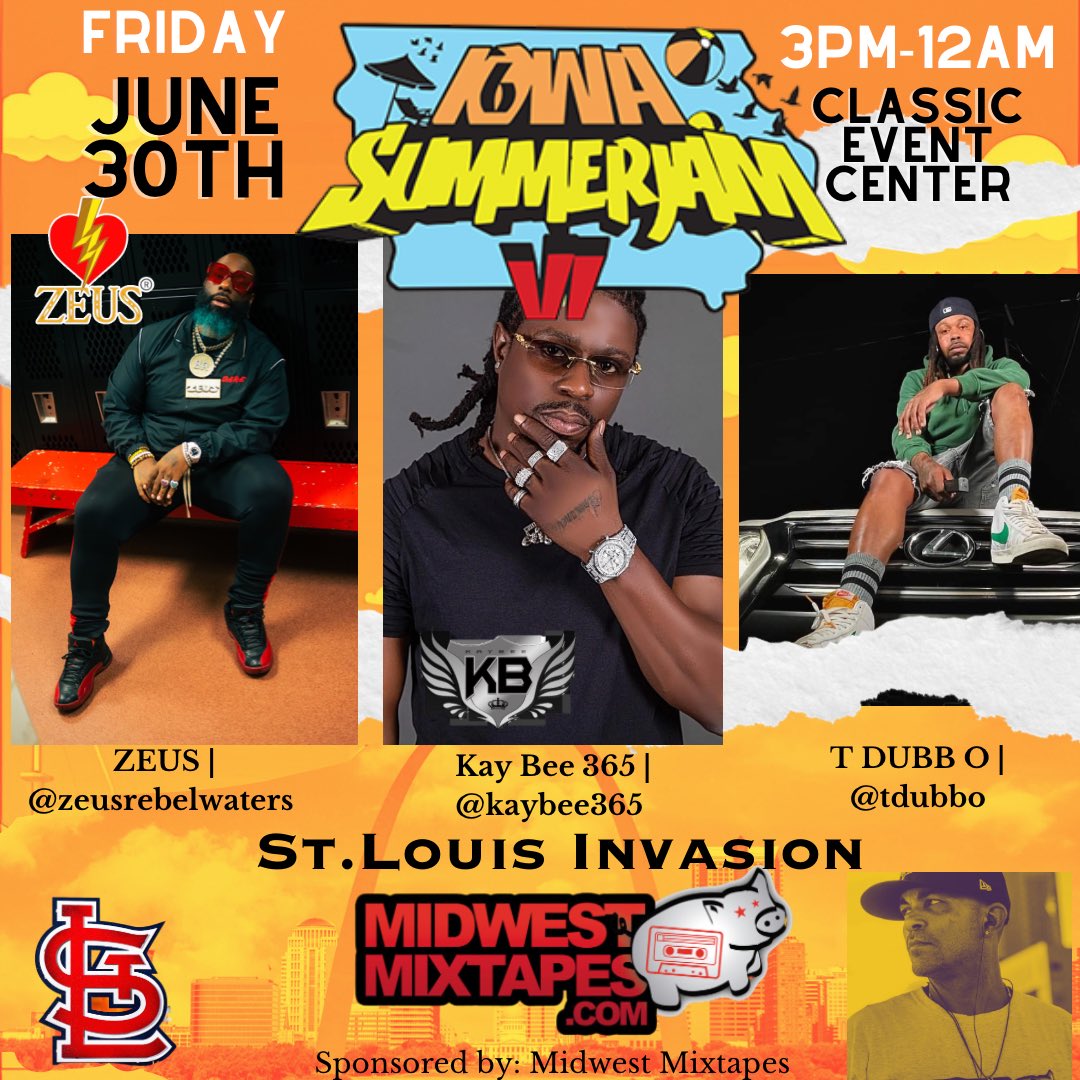 IowaSummerJam's tweet photo. Yoooo the St. Louis invasion to Iowa Summer Jam is real and it’s going to be NEXT LEVEL! Big shout outs to @MidwestMixtapes for making this happen bringing 3 juggernauts of the city to stamp their mark in Iowa. @zeusrebelwaters @Therealkb365 and @T_DUBB_O  Friday June 30th!!! https://t.co/9qYxdUlInM
