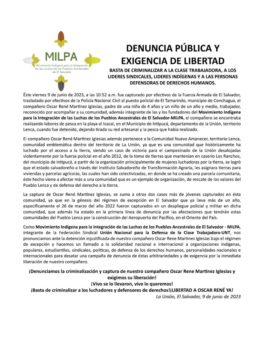focostv's tweet photo. #RégimenDeExcepción | Comunidades organizadas del departamento de La Unión denuncian la "criminalización" del líder ambiental Óscar René Martínez Iglesias, fundador del Movimiento Indígena para la Integración de las Luchas de los Pueblos Ancestrales (@MILPAelsalvador). https://t.co/v76wAvtkQF