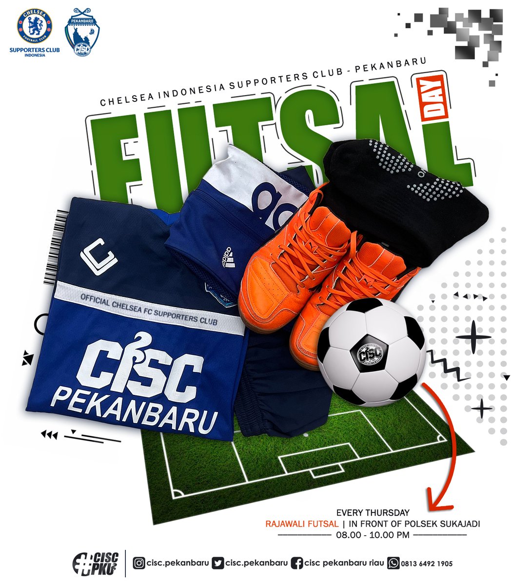 [ INFO - FUN FUTSAL CISC PEKANBARU ]

🗓️: Thursday, 15th June
⌚: 08:00 - 10:00 PM
🏟️: Rajawali Futsal - Sukajadi
💵: Player 15k, Keeper Seikhlasnya 
👕: CHELSEA/CISC Tshirt 
☎️: (Ryan +6282170012149), (Farid +6285375894144)

#FunFutsalCISCpekanbaru