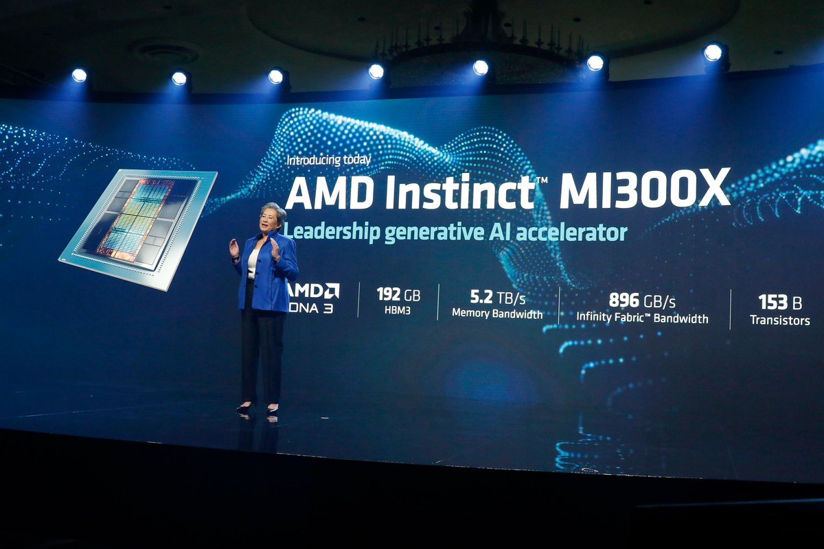 AMD's tweet photo. Introducing AMD Instinct MI300X — the world's most advanced accelerator for generative #AI.​ Built with next-gen AMD CDNA 3 architecture and up to 192 GB of HBM3 to provide compute and memory efficiency needed for LLM training and inference, for lower TCO and easy deployments. https://t.co/GdQ6e98LKM