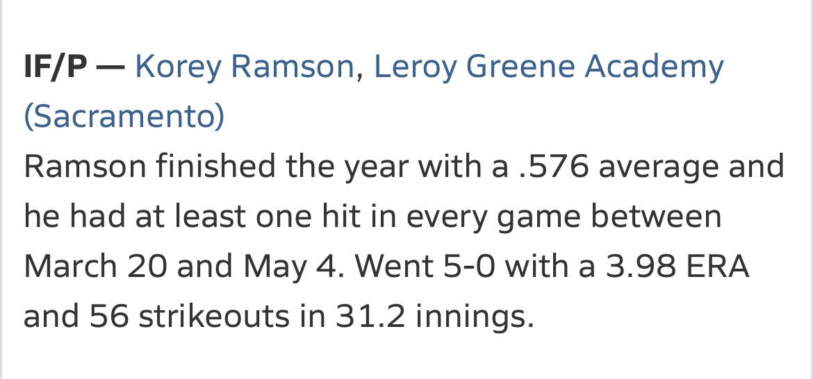 Korey Ramson (@ramsonkoreyy) on Twitter photo Big Thanks to <a href="/SacMaxPreps/">Sac-Joaquin MaxPreps</a> For being named to the Sac-Joaquin 2023 all league team. #HardWorkPaysOff
<a href="/MaxPreps/">MaxPreps</a> <a href="/CBA_SacBayArea/">CBA-SSC North</a> <a href="/sactosportscntr/">SSC</a> <a href="/LeroyGreeneAca/">Leroy Greene</a> <a href="/MLBDevelops/">MLBDevelops</a> <a href="/coach__twalk/">Thomas Walker</a> <a href="/Im_That_Dad_KJ/">Kerrick Jackson</a> Big Thanks to <a href="/SacMaxPreps/">Sac-Joaquin MaxPreps</a> For being named to the Sac-Joaquin 2023 all league team. #HardWorkPaysOff
<a href="/MaxPreps/">MaxPreps</a> <a href="/CBA_SacBayArea/">CBA-SSC North</a> <a href="/sactosportscntr/">SSC</a> <a href="/LeroyGreeneAca/">Leroy Greene</a> <a href="/MLBDevelops/">MLBDevelops</a> <a href="/coach__twalk/">Thomas Walker</a> <a href="/Im_That_Dad_KJ/">Kerrick Jackson</a>