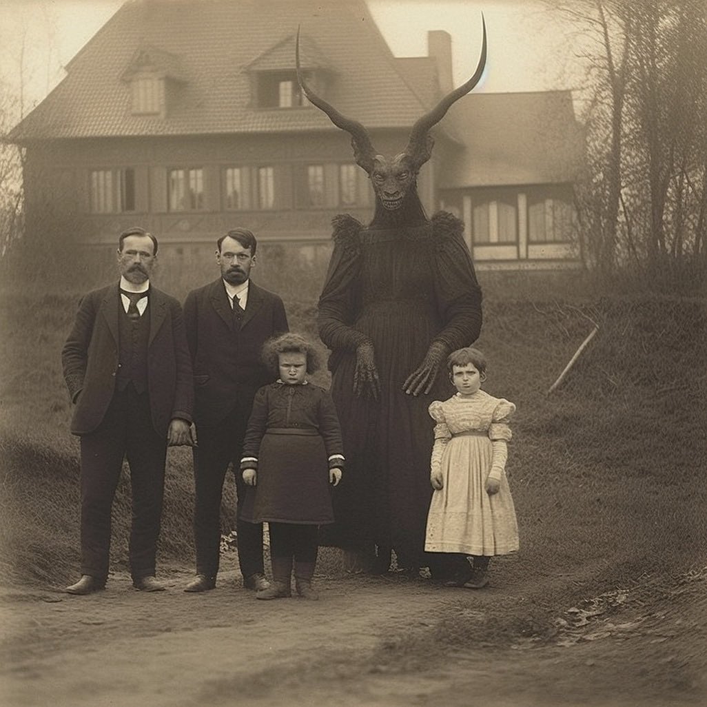 Thinkwert's tweet photo. Before the portals between our world and the Fae Kingdom were closed in 1909, tourists would often visit the English bordertown of Ombersley to pose with visitors from the other side. Photographs could be purchased for a copper penny or two; silver coins were strictly prohibited. https://t.co/V0p0DpqIgE