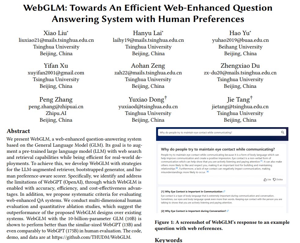 arankomatsuzaki's tweet photo. WebGLM: Towards An Efficient Web-Enhanced Question Answering System with Human Preferences
10B WebGLM performs better than 13B WebGPT and even comparably to 175B WebGPT in human evaluation.
The code, demo, and data are released.
repo: https://t.co/zXPt1kzjng
abs: https://t.co/IcPED9bphd