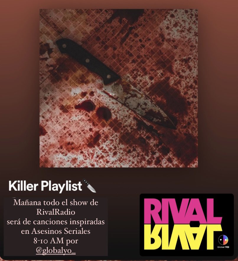 JoannaPirod's tweet photo. Mañana a las 8am por el App de #GlobalYo estaré poniendo 2 horas de canciones inspiradas en Asesinos Seriales 🔪🔪🔪 #RivalRadio #HeyYo #Radio 🎙️ https://t.co/8yEg745Dle