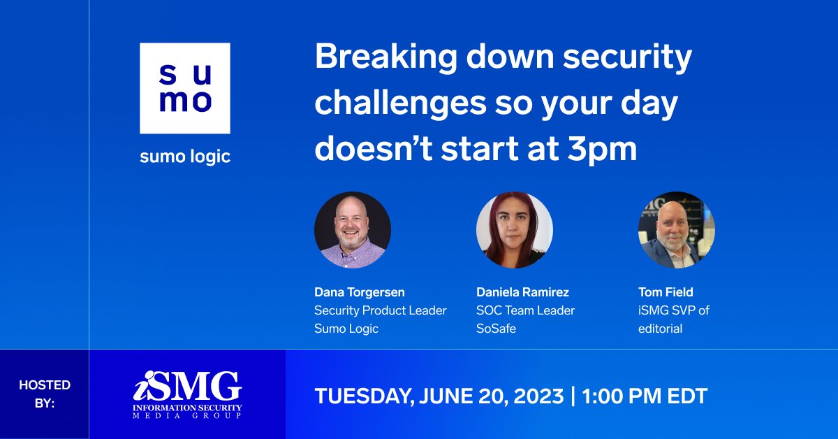 SumoLogic's tweet image. Join us June 20th as we discuss some of the unique challenges security pros face on a daily basis and how they’re using cloud-native security log analytics.  databreachtoday.com/webinars/live-… #poweroflogs #securityanalytics @DaToTweet @ISMGCorp @SoSafeSecurity