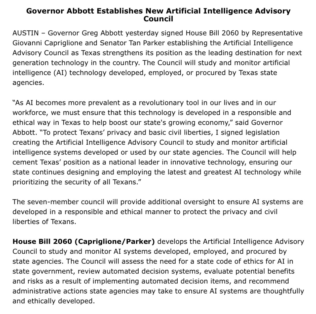 I signed a law to establish the Texas Artificial Intelligence Advisory Council.

We must ensure AI technology is developed in a responsible and ethical way. 

This Council will help cement Texas as a national leader in innovation while safeguarding Texans’ privacy and civil…