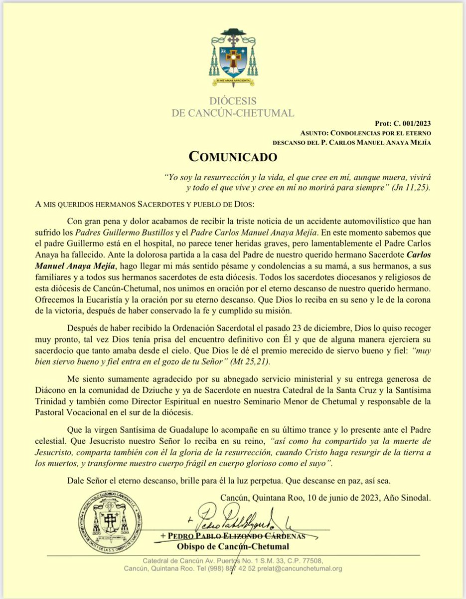 COMUNICADO de S.E.R. Mons. Pedro Pablo Elizondo Cárdenas LC. por el eterno descanso del 𝐏𝐚𝐝𝐫𝐞 𝐂𝐚𝐫𝐥𝐨𝐬 𝐌𝐚𝐧𝐮𝐞𝐥 𝐀𝐧𝐚𝐲𝐚 𝐌𝐞𝐣𝐢𝐚 hermano de nuestra Diócesis

#DiócesisCancúnChetumal
#AñoSinodal20222023
#TodosJuntosHacemosElCamino
#Sínodo2023