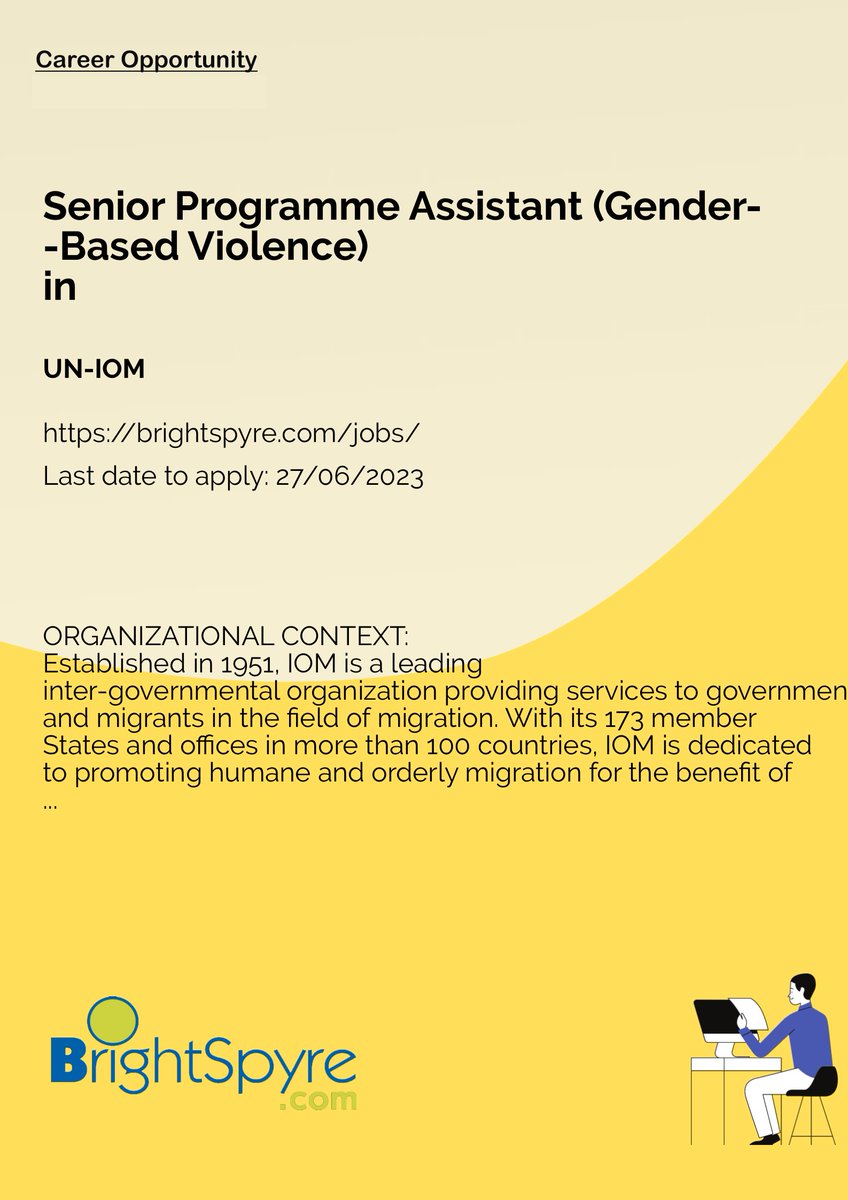 BrightSpyre's tweet photo. UN-IOM is Looking for Senior Programme Assistant (Gender-Based Violence)... Apply now: https://t.co/eajdChiTm7  
#BrightSpyre #Job #Programme #Assi https://t.co/yHQOb5gzBU