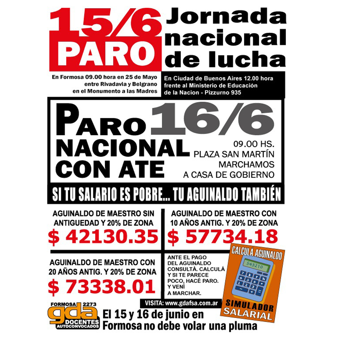 Importante se viene una gran convocatoria, no te quedes afuera.
Que nos escuchen! No alcanza, aumento salarial ya.

#Docentesenlucha #Formosa #Argentina